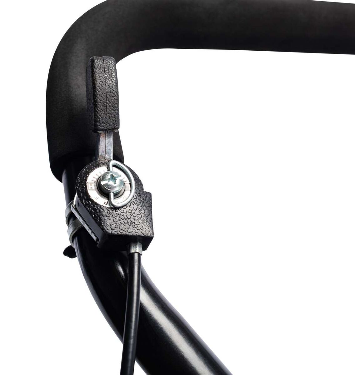 Close-up of a Scheppach vibrating plate with handle and mounting for riding attachment