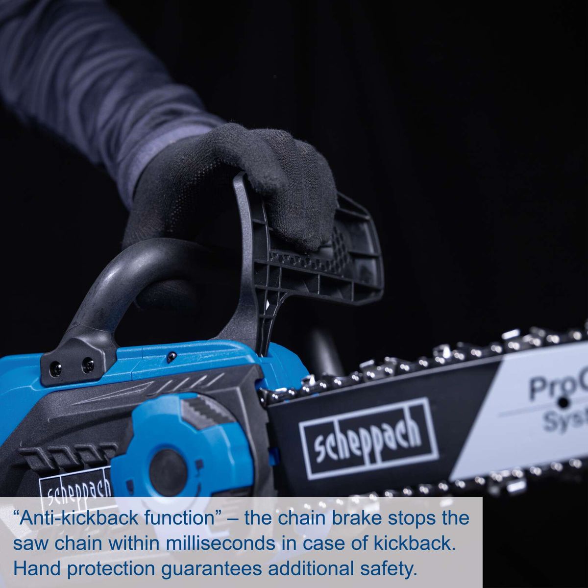 Scheppach cordless chainsaw featuring anti-kickback braking system and hand protection for rapid chain stop