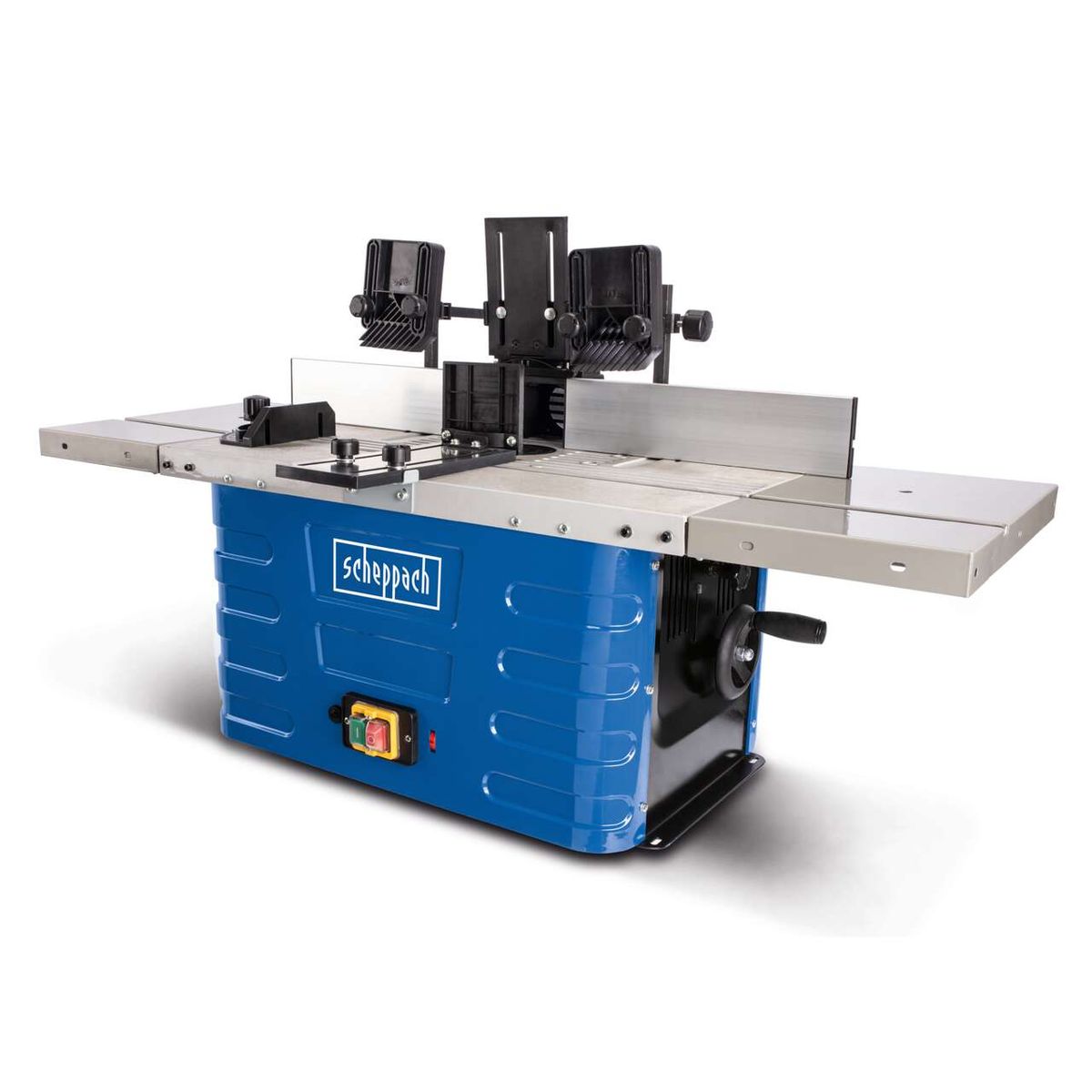 Scheppach table router with 6/8/12 mm clamping jaws, 40 mm spindle height, featuring built-in guiding and control components