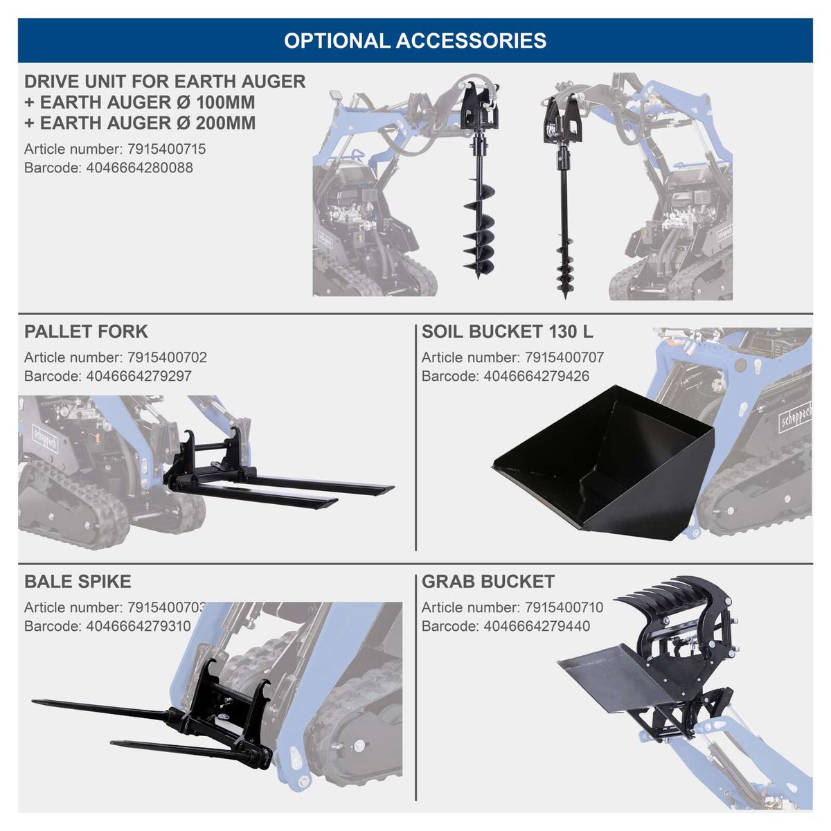 Optional drive unit for earth augers with 100 mm and 200 mm diameters for Scheppach skid steer loaders