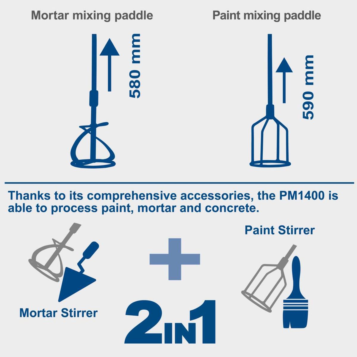 Mortar and paint mixing paddles for Scheppach PM1400 hand mixer with height indicators