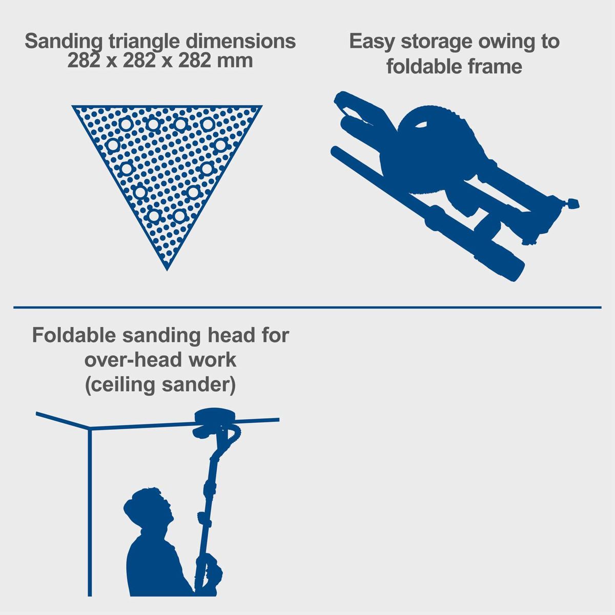 Foldable sanding heads (282 x 282 mm) for wall and ceiling sander with easy storage