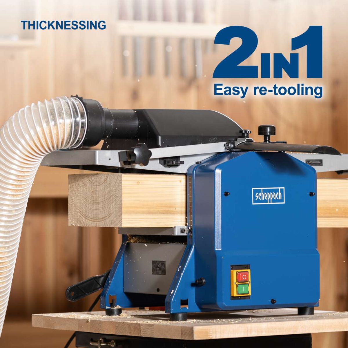 Scheppach planer thicknesser with 2-in-1 easy re-tooling system for thicknessing