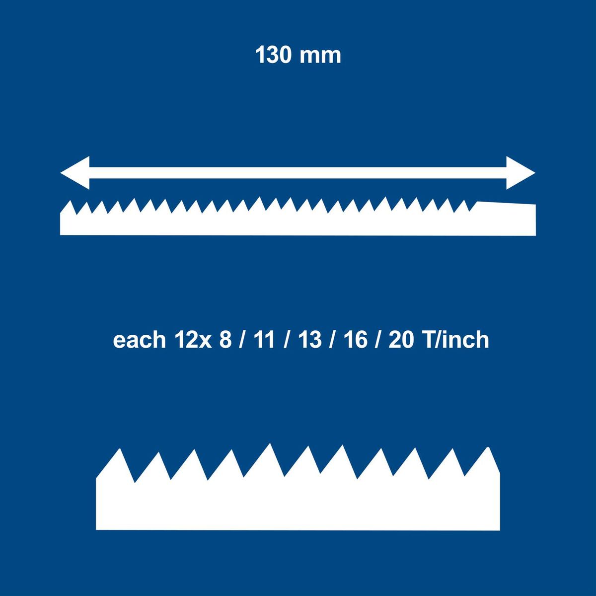 Universal cutting blade, 130 mm wide, with varying teeth per inch (8 to 20)