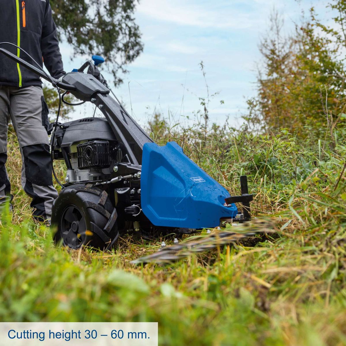 Scheppach lawnmower showing cutting height adjustment for 30–60 mm