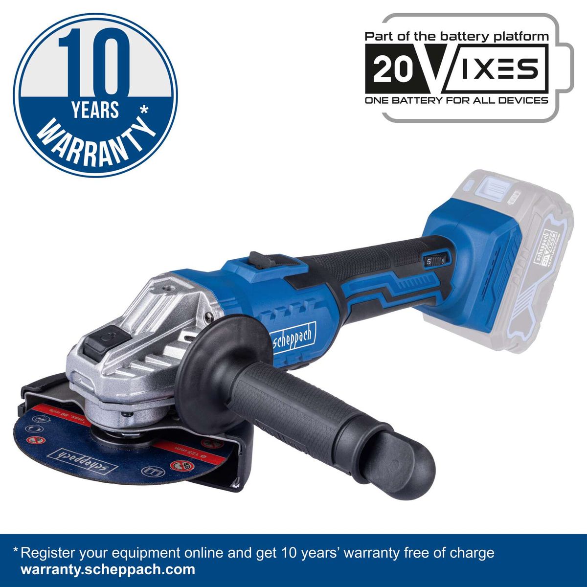 Scheppach cordless angle grinder featuring a 10-year warranty and 20V battery system in set L