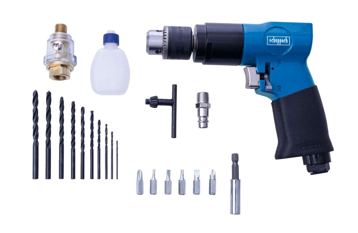 Scheppach compressed air drill accessory set with drill bits, chisels, adapters, and cleaning spray