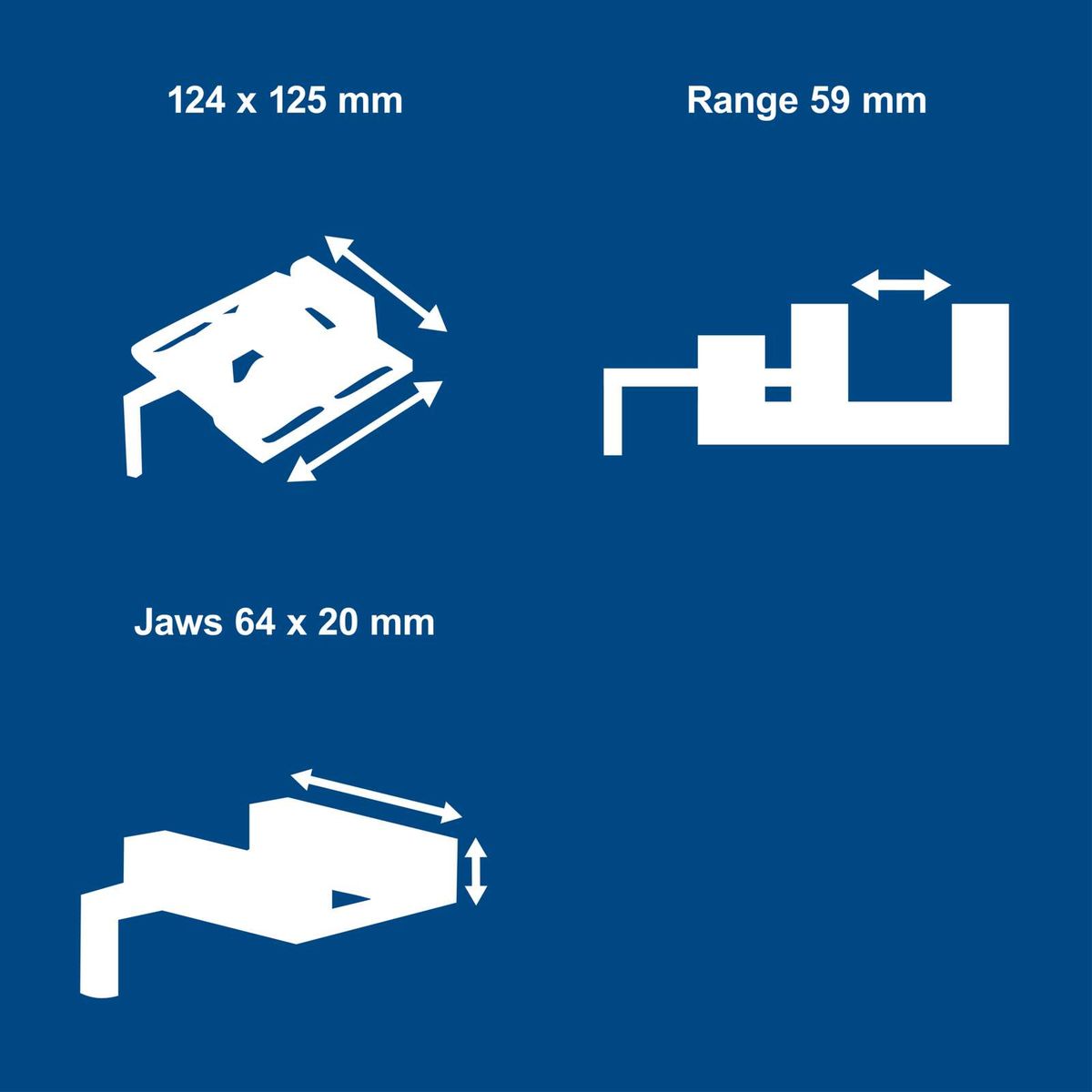 Scheppach jaw dimensions: 124 x 125 mm and 64 x 20 mm, range of motion 59 mm