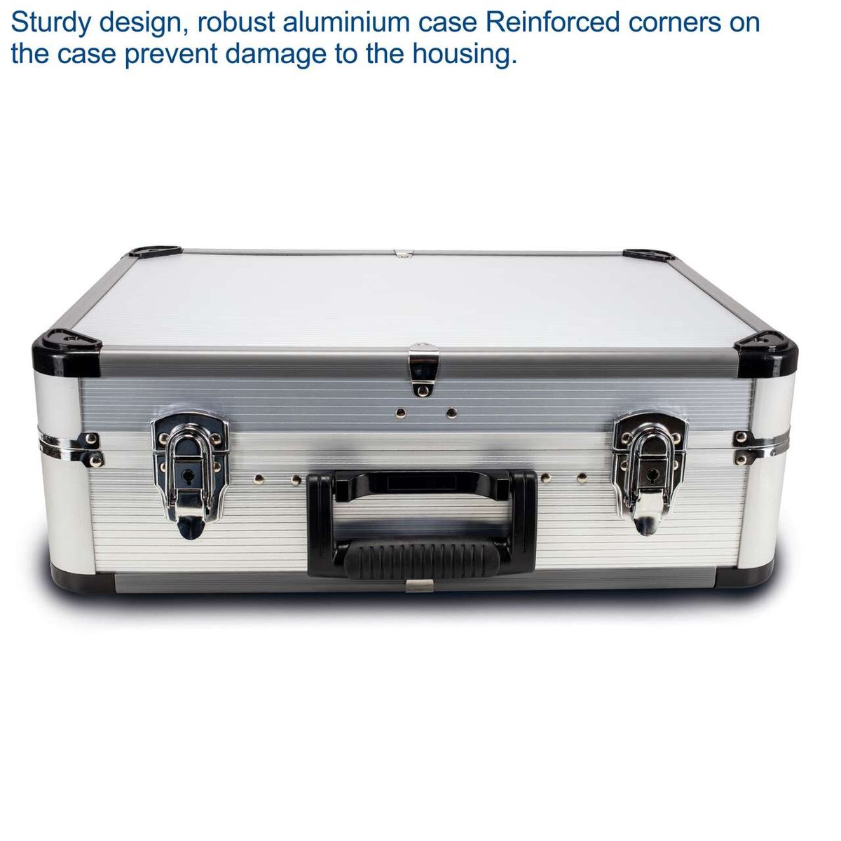 Robust aluminium tool case with reinforced corners for housing protection