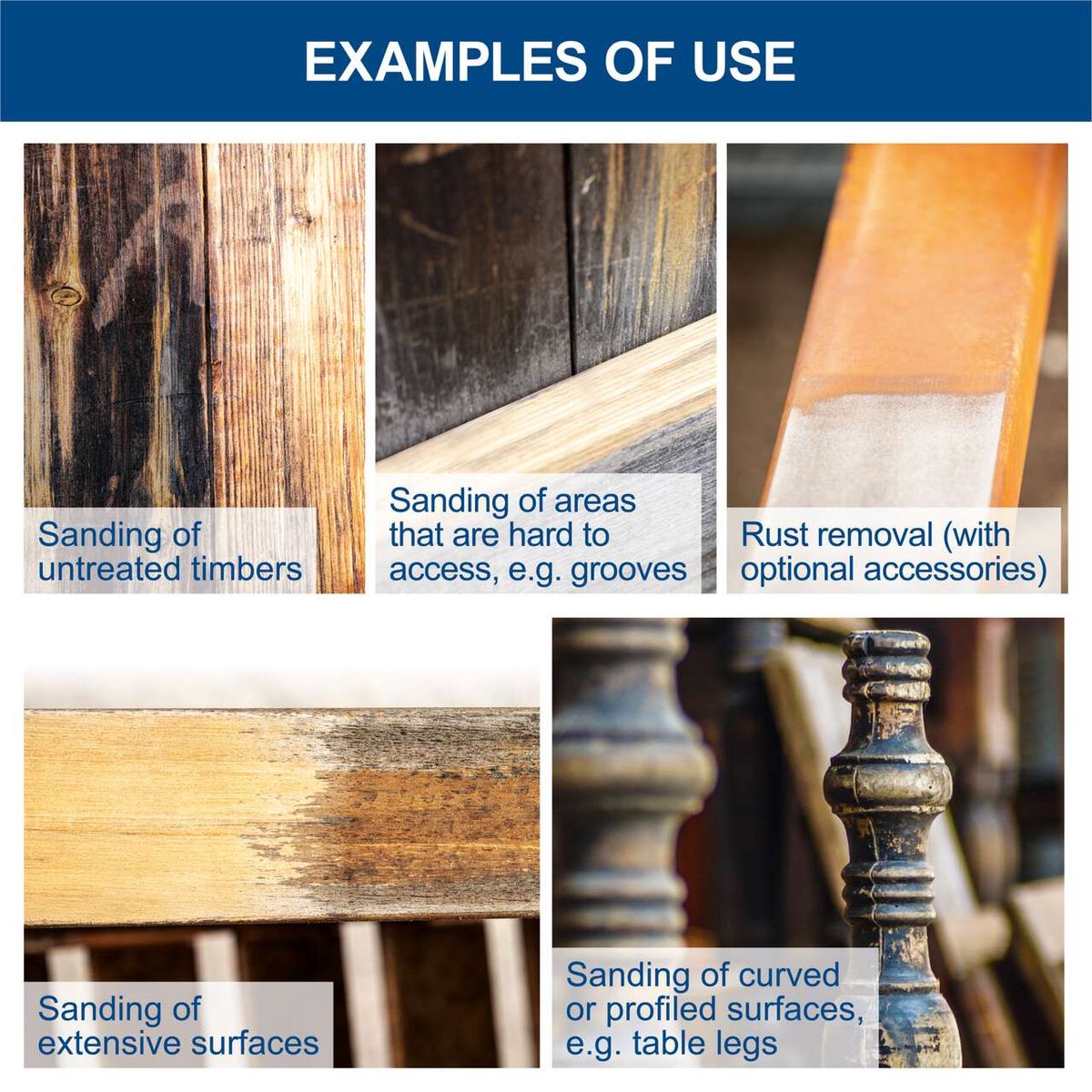 Examples of sanding features for various surfaces including untreated timber, hard-to-reach areas, rust removal, extensive surfaces, and curved/profiled surfaces.