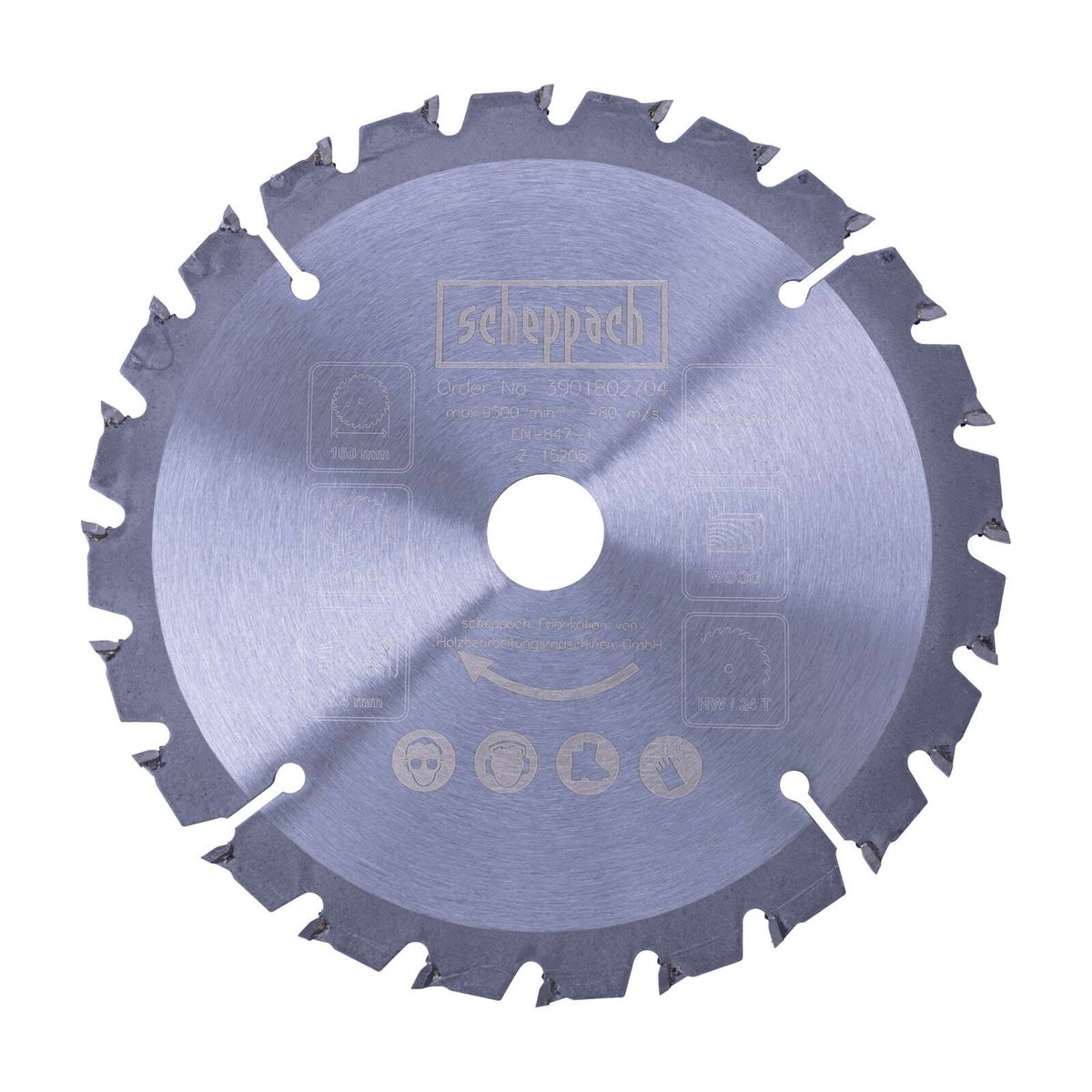 Scheppach circular saw blade, 160 mm diameter, 24 teeth, for wood, max. 9500 rpm, EN 847-1 certified
