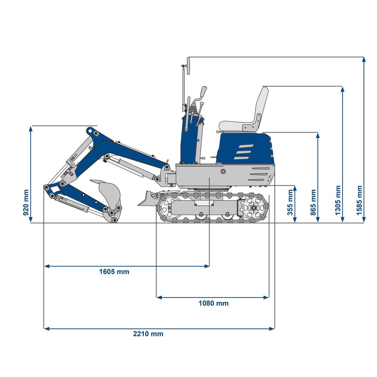 Technical dimensions and structure illustration of mini excavator for Scheppach EXC815