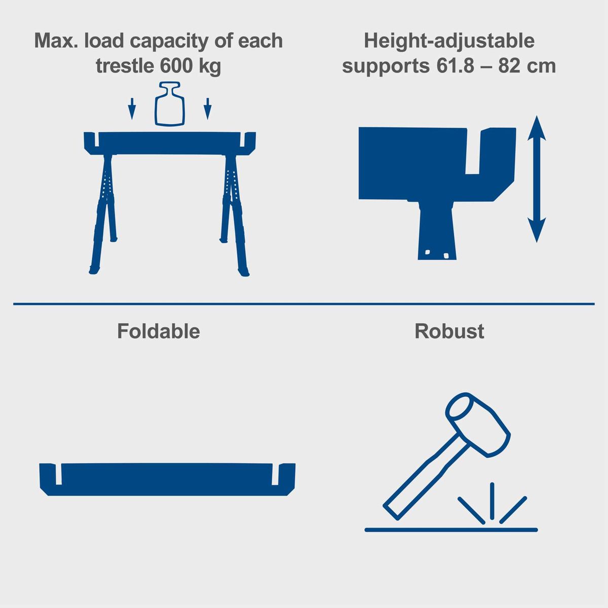 Foldable saw bench with 589 kg load capacity per leg, height adjustable 61.8–82 cm