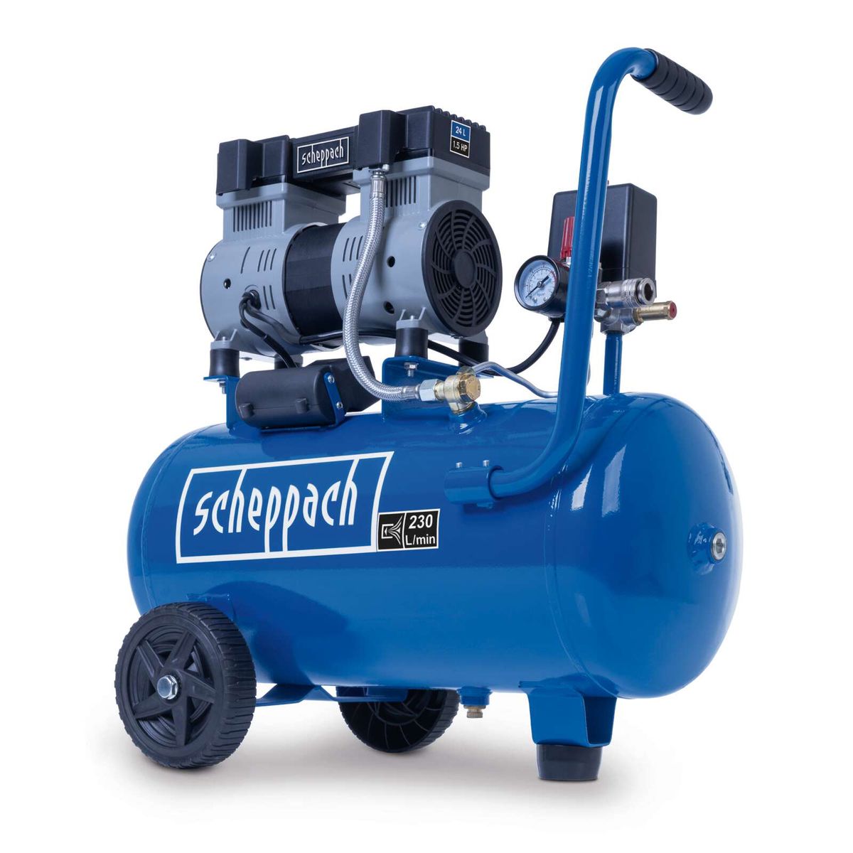 Scheppach HC26Si air compressor featuring 24L tank, 162 L/min, 1100W, 8 bar, 66 dB (oil-free) – Includes handle and pressure gauge