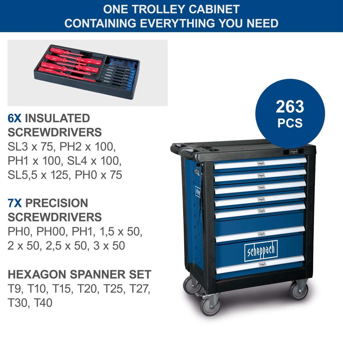 7-drawer workshop trolley with 263-piece tool set including insulated and precision screwdrivers, plus hexagon spanner set