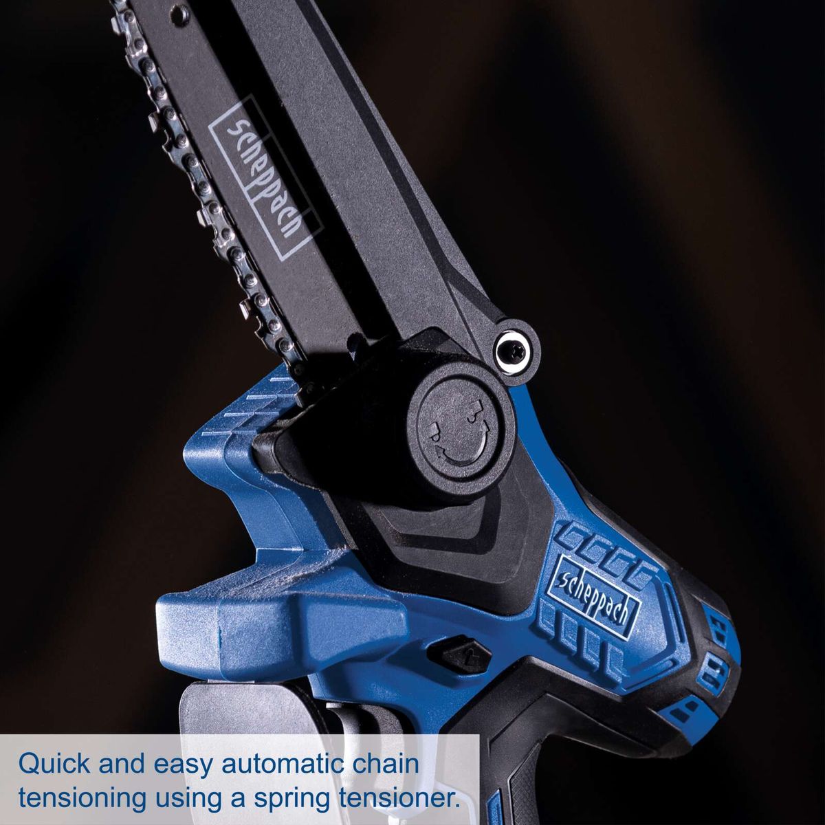 Quick automatic chain tensioning using a spring tensioner for Scheppach cordless pruning saw