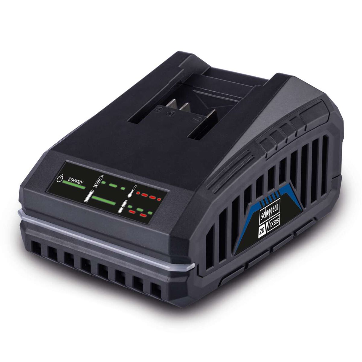 Scheppach battery charger with LED display, wall mount, standby indicator, and status lights