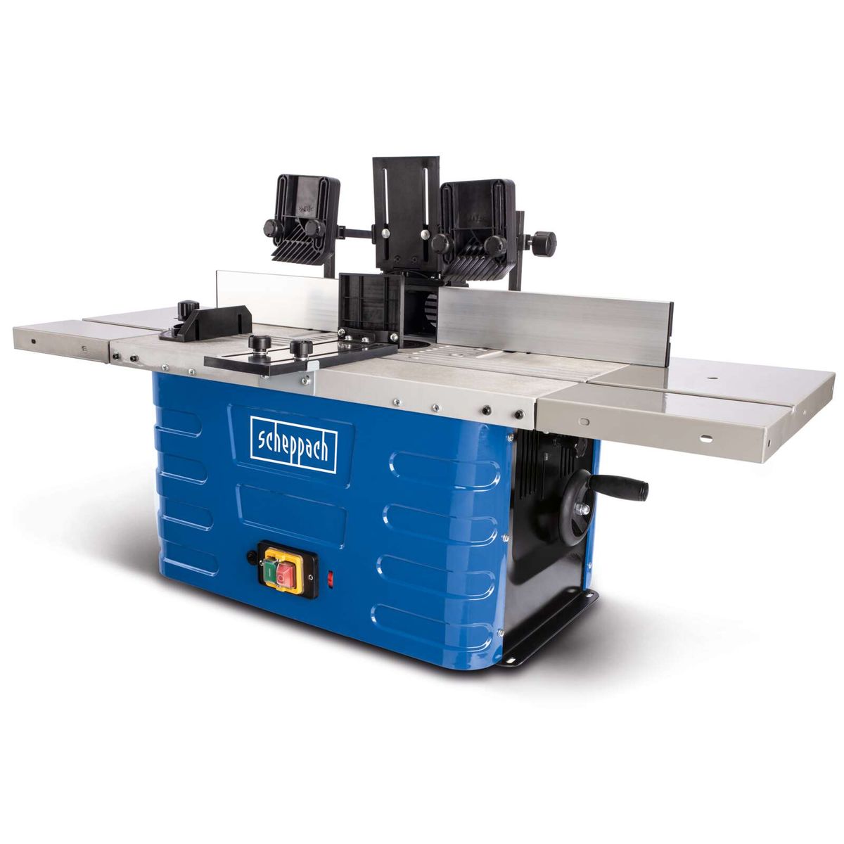Scheppach router table with collets and table extension, view from front and top