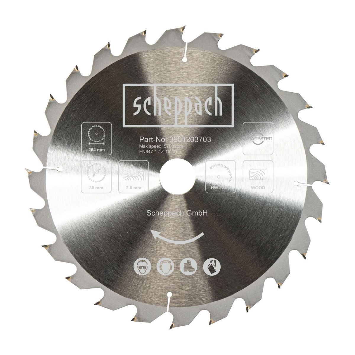 Scheppach circular saw blade (Part No. 3901203703) with max speed 5700 rpm, EN847-1 certified