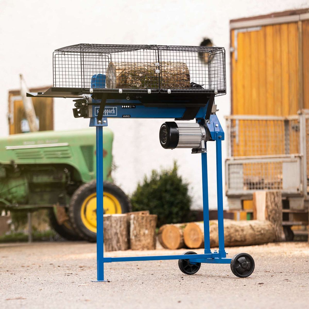 Scheppach HL760LS log splitter base with carriage, motor and wood feed mechanism