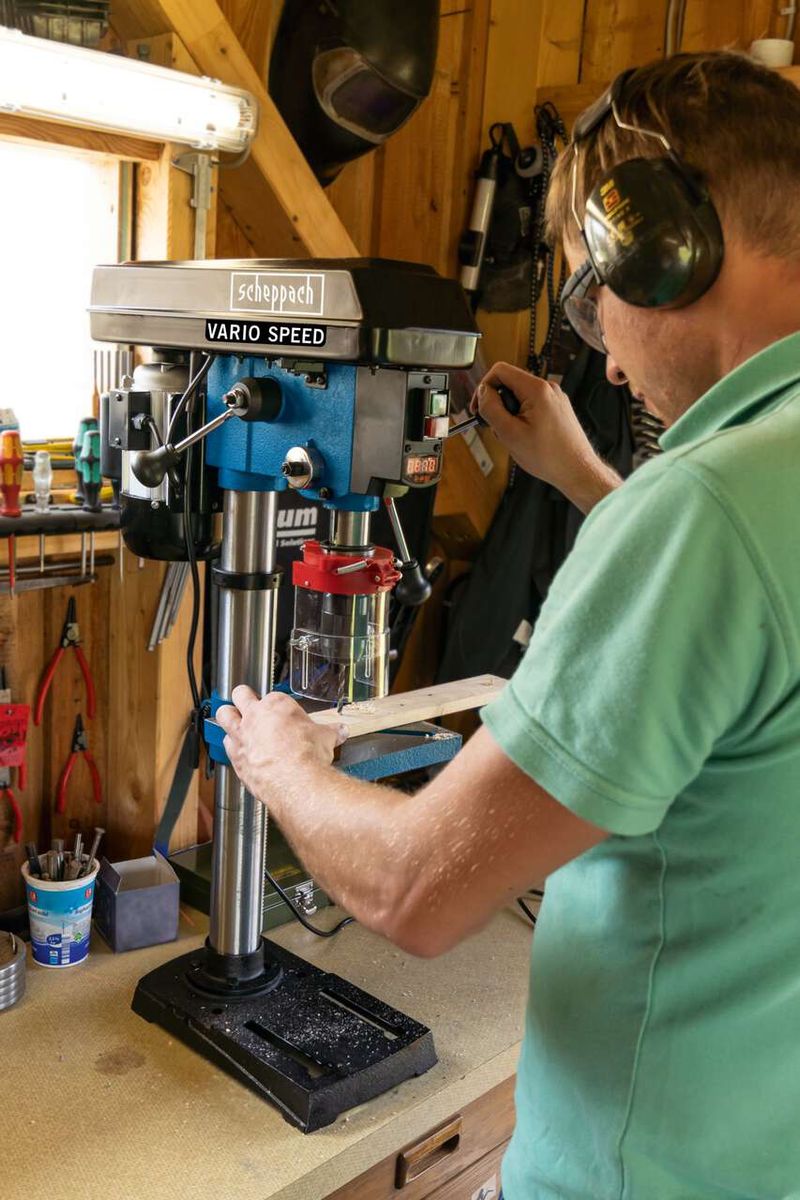 Scheppach bench pillar drill with variable speed in workshop setting