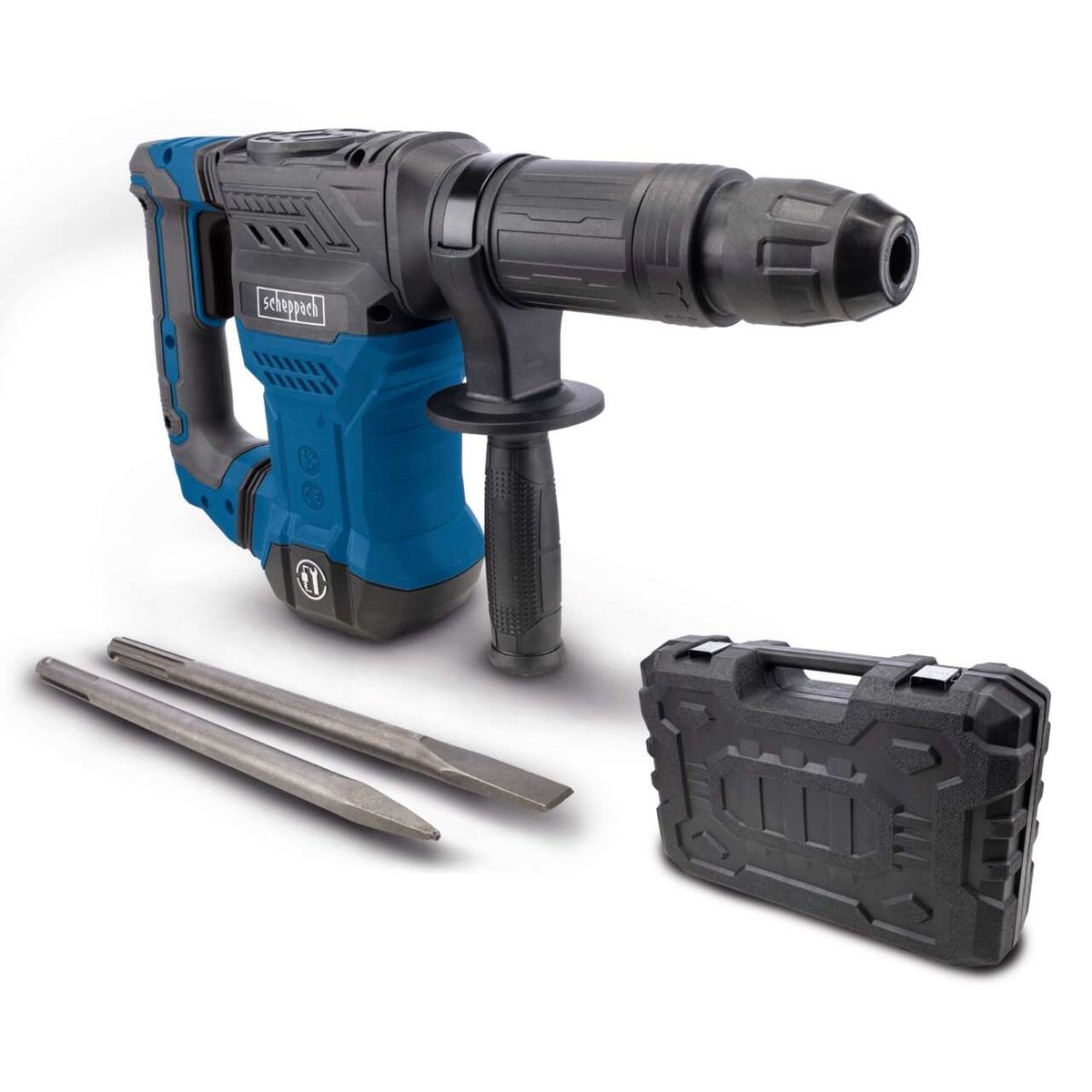 Scheppach demolition hammer with SDS-Max attachment, tool case, and two drill bits