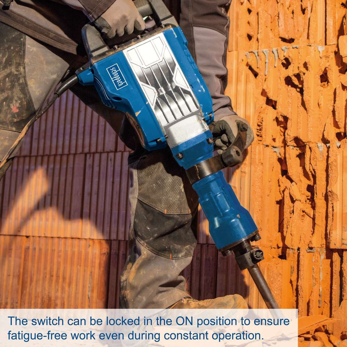 Demolition hammer with lockable ON switch for fatigue-free operation during continuous use
