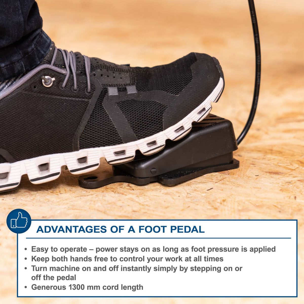 Foot pedal for scroll saw featuring easy operation, free hand control, and instant on/off via foot pressure
