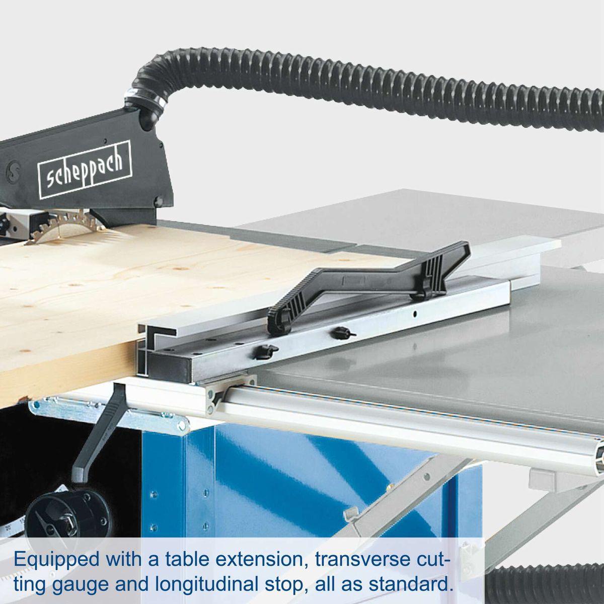 Scheppach table saw featuring an extendable worktop, transverse cutting gauge and longitudinal stop