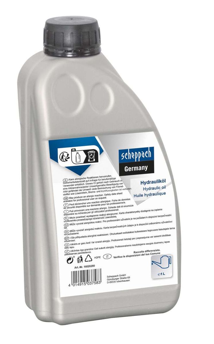 Scheppach Hydraulic Oil 1 liter, grey bottle with black cap, back view with safety instructions and manufacturer information.