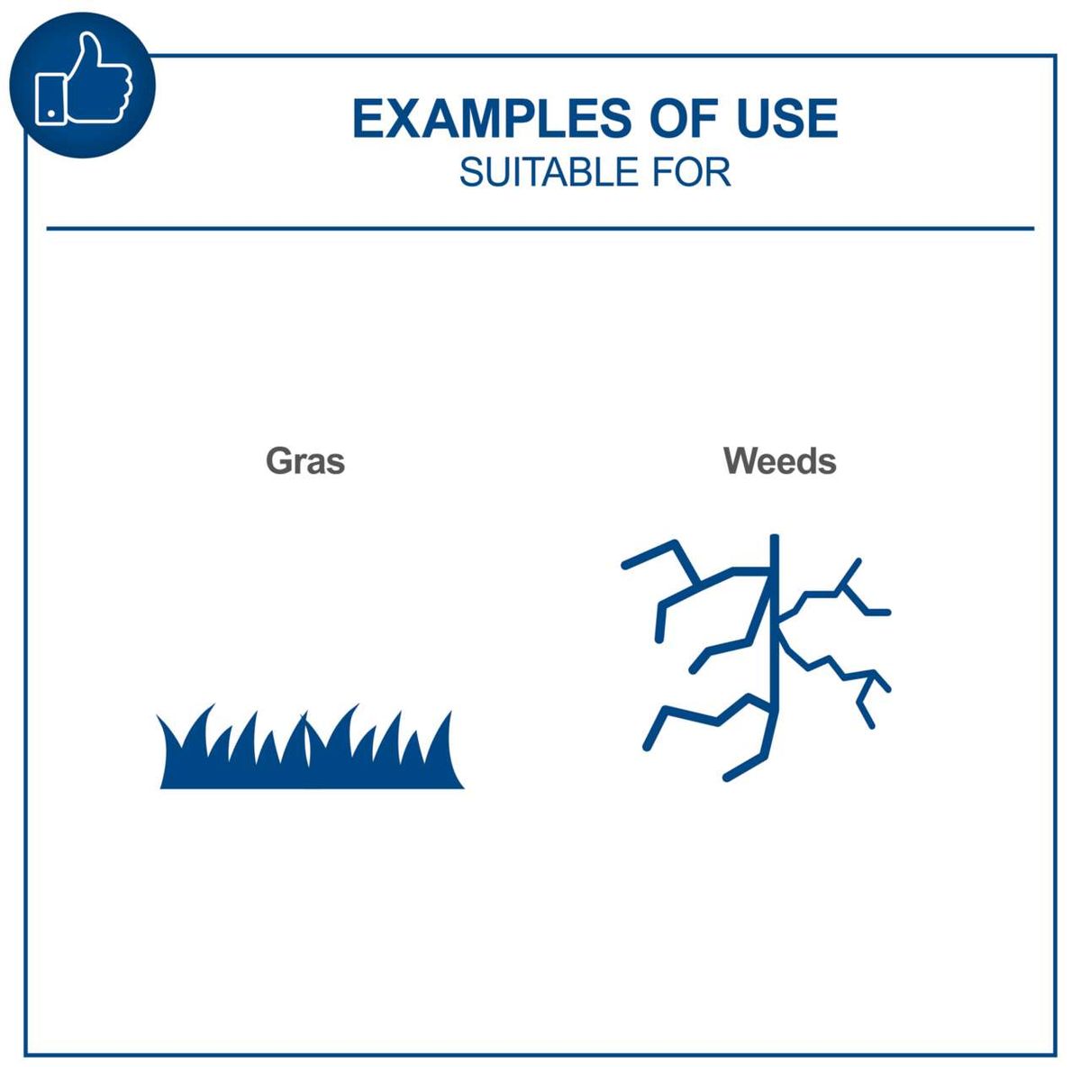 Examples of grass and weed trimming depicted for product demonstration