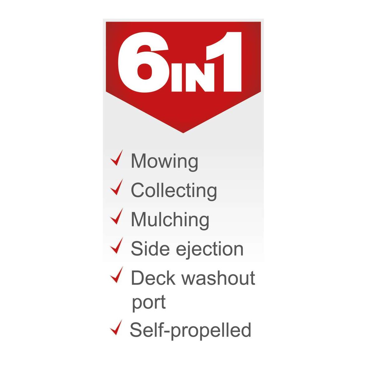 6-in-1 mulching function: Mowing, collecting, mulching, side ejection, deck washout, self-propelled