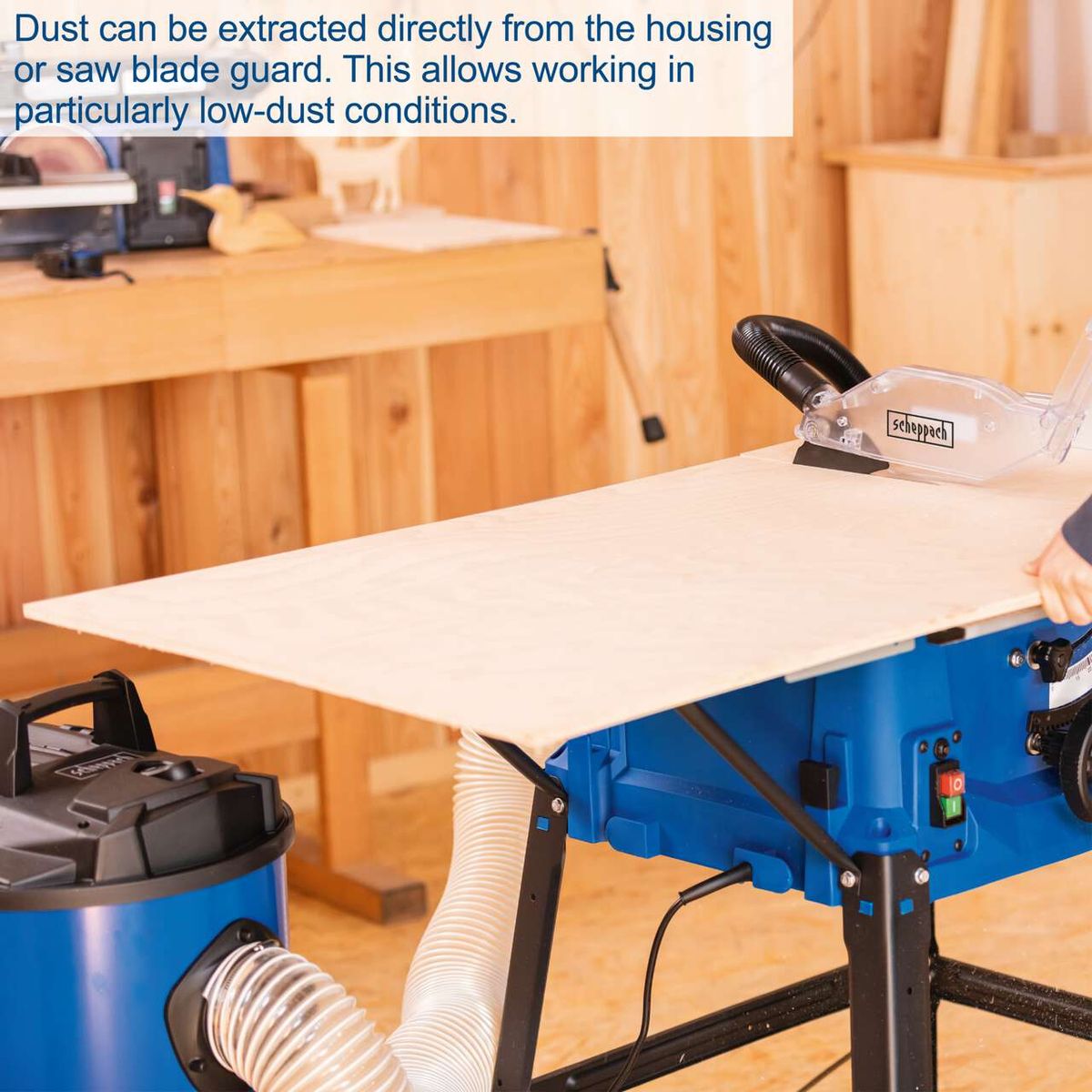 Scheppach table saw with integrated dust extraction for low-dust operation
