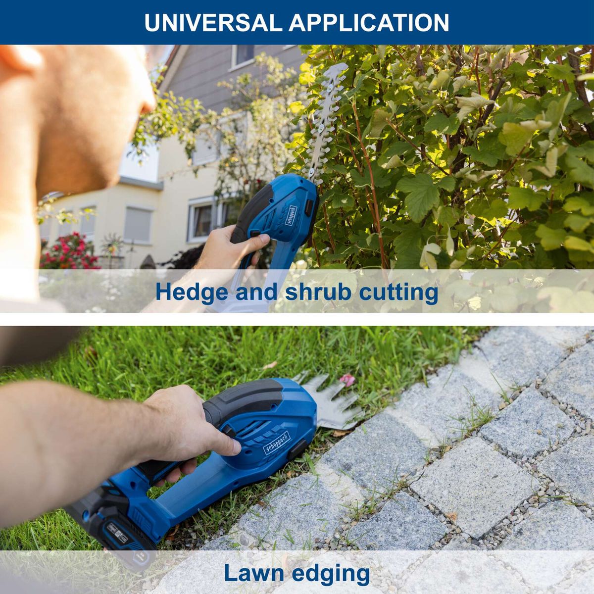 Scheppach cordless grass and hedge trimmer for trimming hedges and shrubs, plus lawn edging