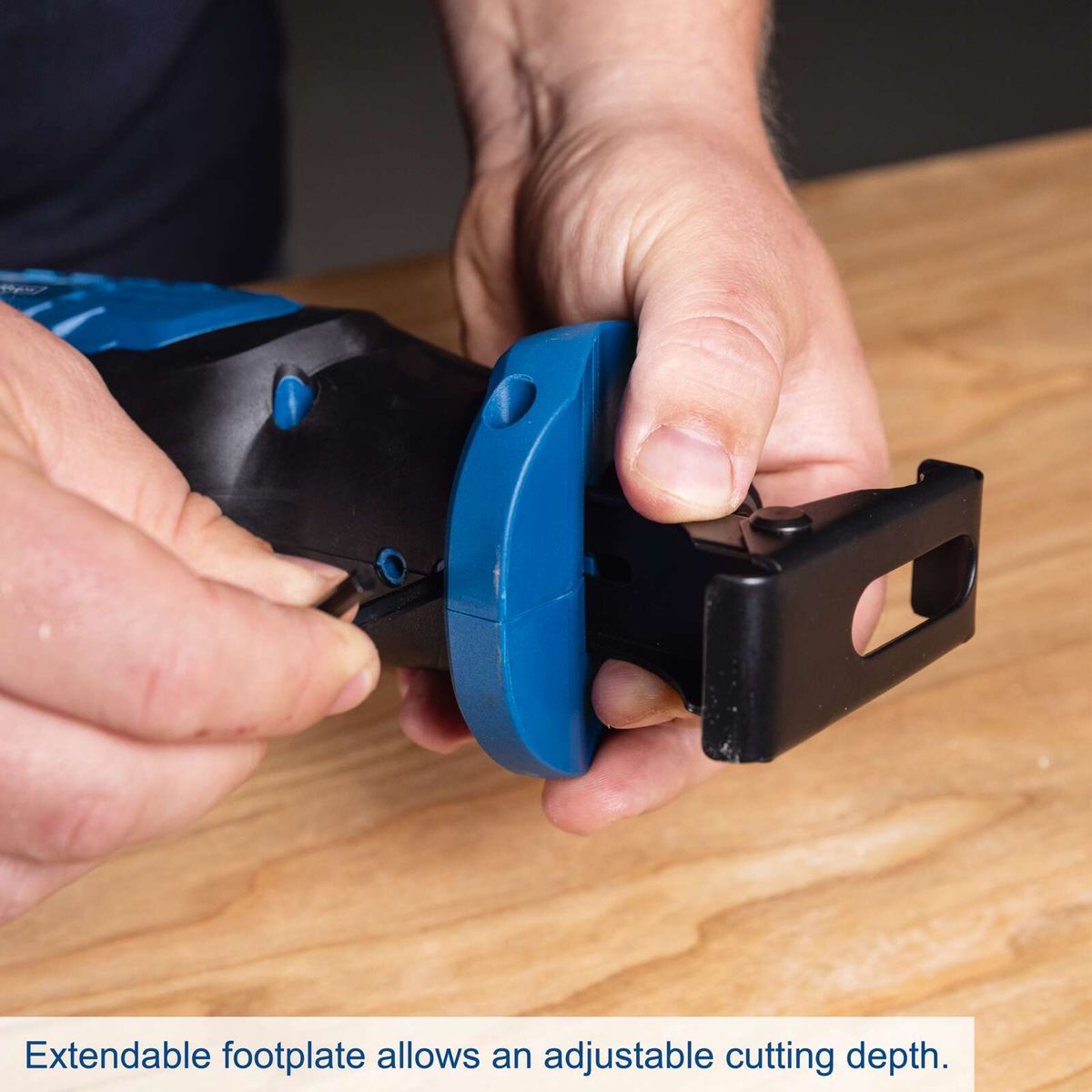 Adjustable footplate for variable cutting depth on Scheppach cordless reciprocating saw