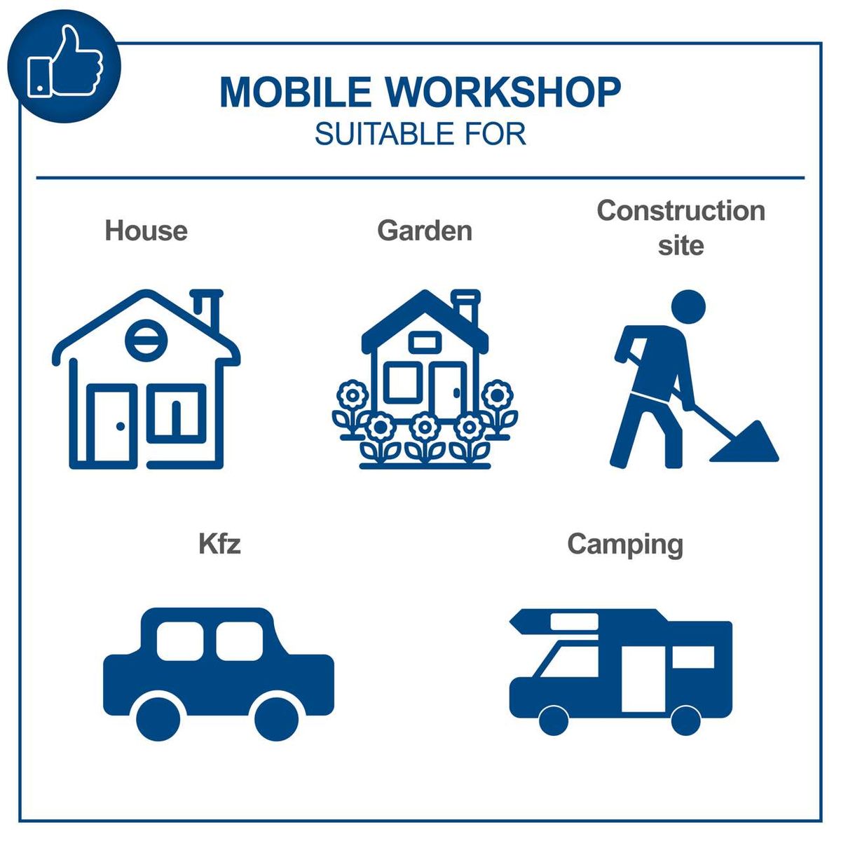 Mobile workshop suitable for house, garden, construction site and camping