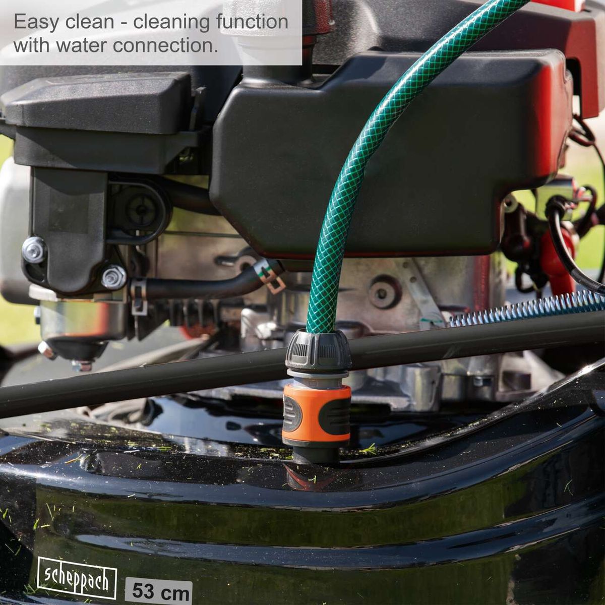 Water connection for easy cleaning system on Scheppach lawnmower with hose and nozzle