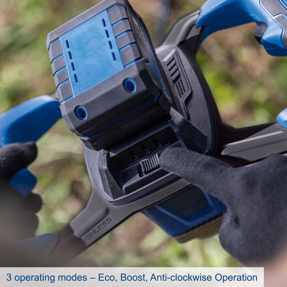 Cordless auger featuring three operation modes: Eco, Boost, and anti-clockwise rotation
