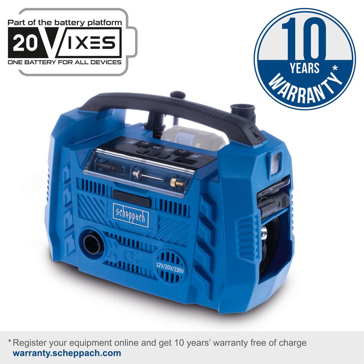 10.3 bar oil-free hybrid compressor with dual USB ports, 20V, multiple drive options, featuring Scheppach Airforce 6