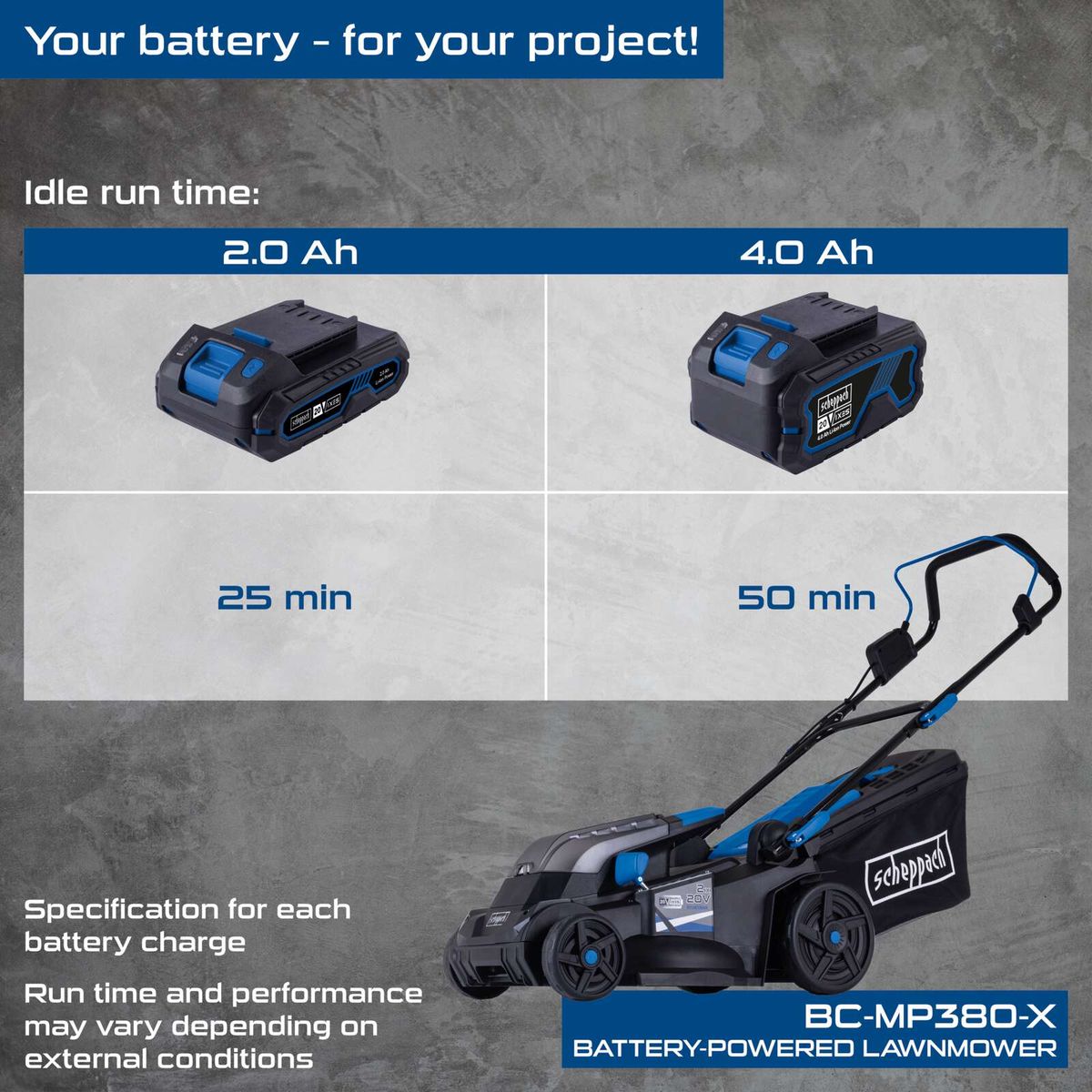 Scheppach battery-powered lawnmower BC-MP380-X showing runtime for 2.0Ah and 4.0Ah batteries, 25/50 minutes respectively