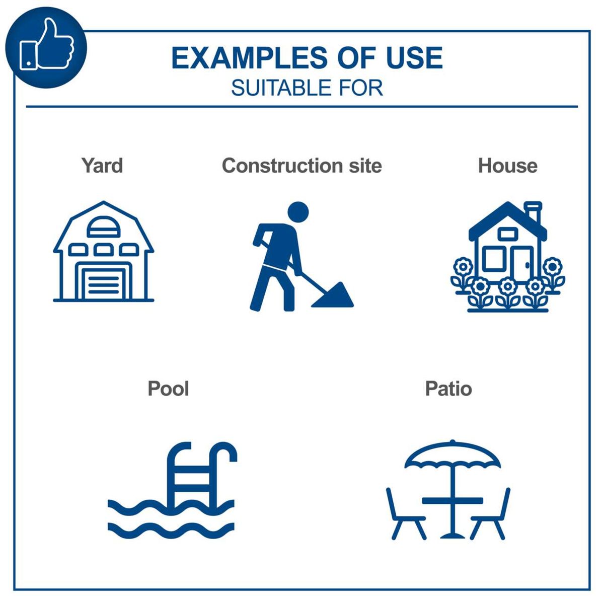 Examples of use: Yard, construction site, house, pool, patio