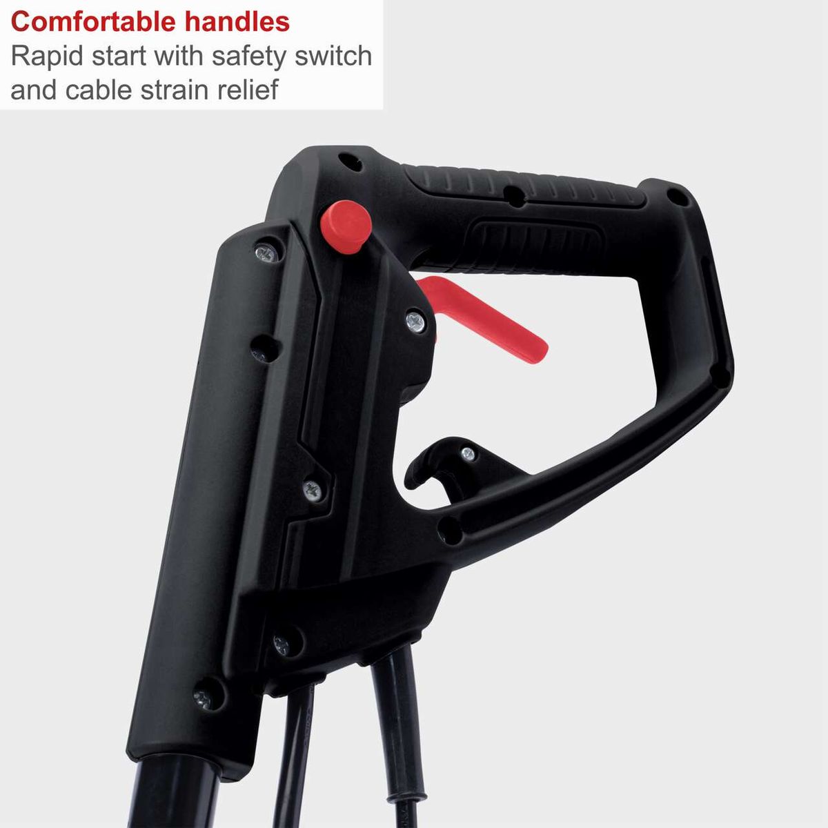Comfortable ergonomic handles, rapid start with safety switch and cable strain relief for Scheppach electric motor hoe