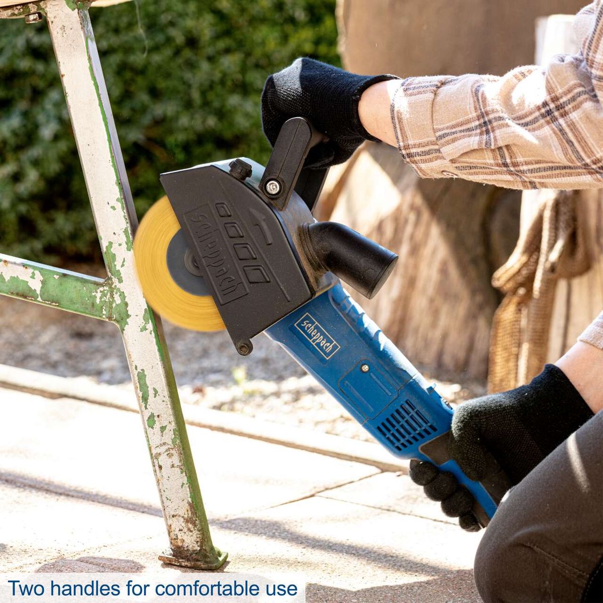 Scheppach satin finishing machine with dual handles for comfortable operation