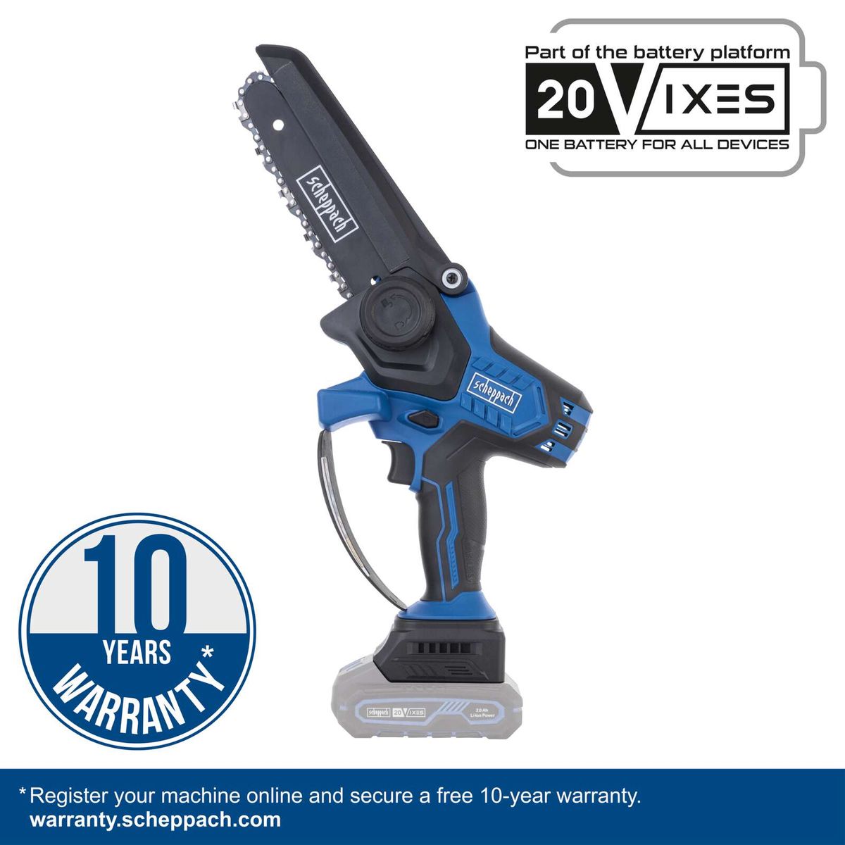 Scheppach cordless pruning saw featuring a 10-year warranty, 20V battery system with included battery and charger