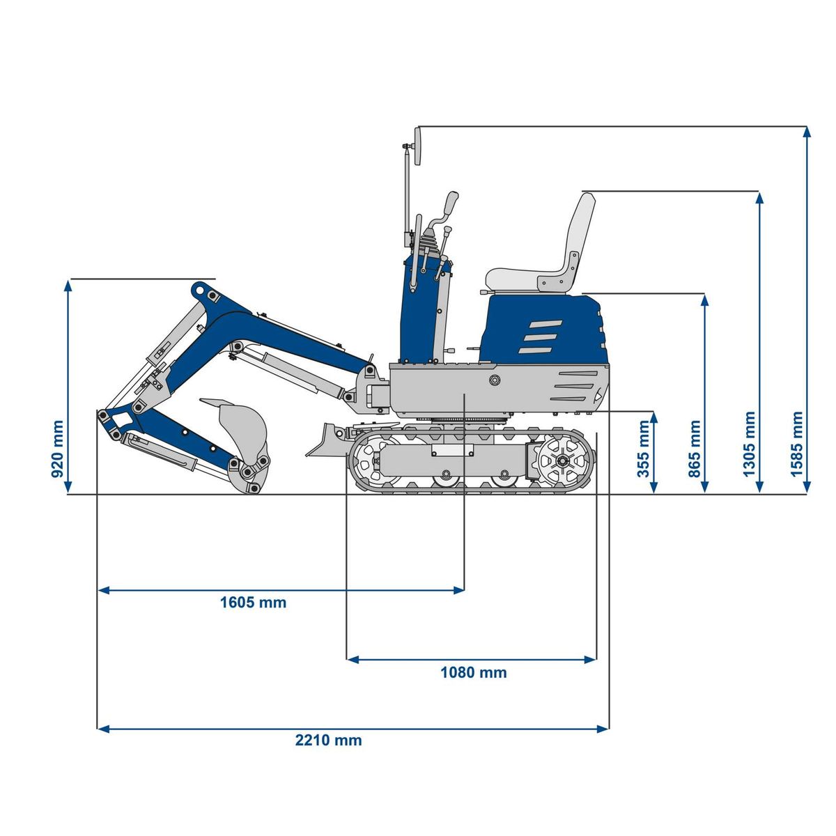 Technical dimensions illustration of a compact excavator with chain drive and track system