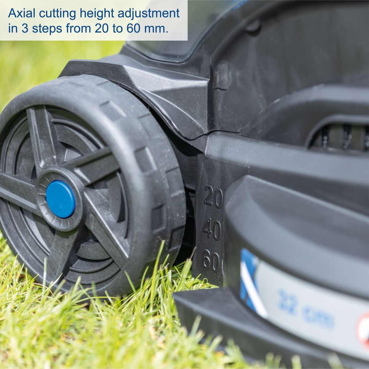 Adjustable cutting height for Scheppach lawnmower with 20, 40, and 60 mm markings