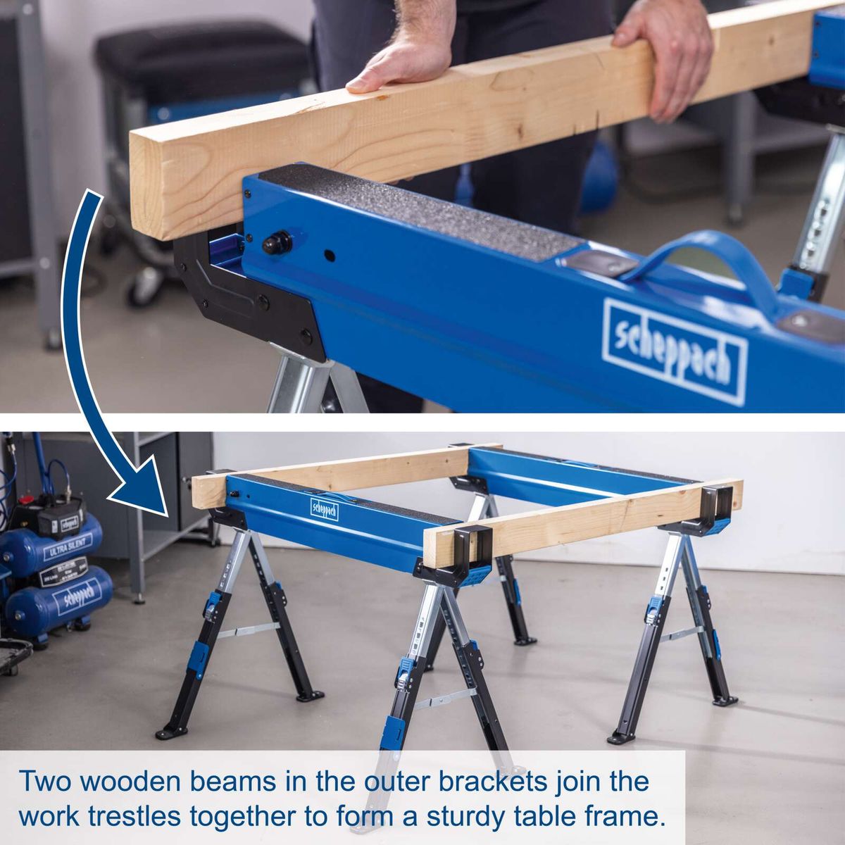 Two wooden beams in the outer brackets join the work trestles to form a sturdy table frame.