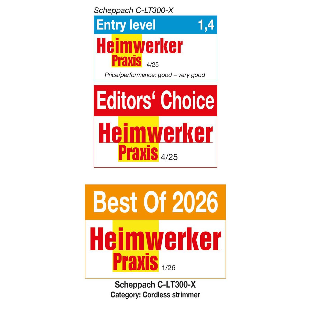 Scheppach cordless strimmer C-LT300-X honored with Best of 2026, Entry Level 2025, and Editor’s Choice 2025 awards.