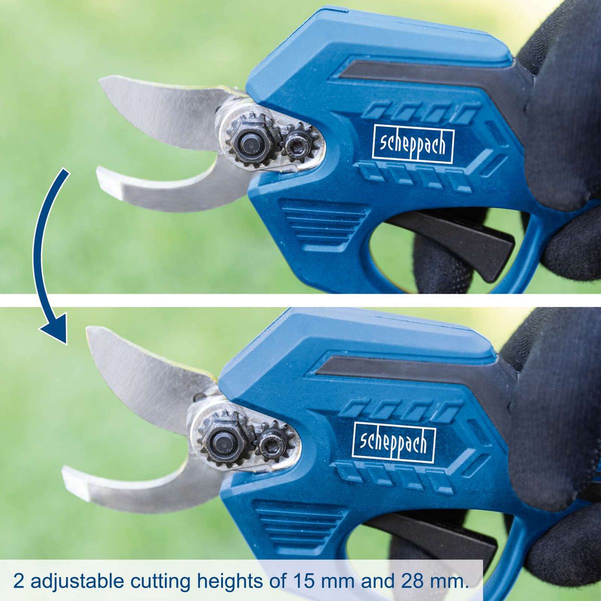 Scheppach cordless pruning shears featuring two adjustable cutting heights (15 mm and 28 mm)