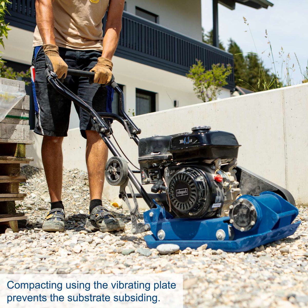 Scheppach vibrating plate for compacting substrates, preventing subsidence
